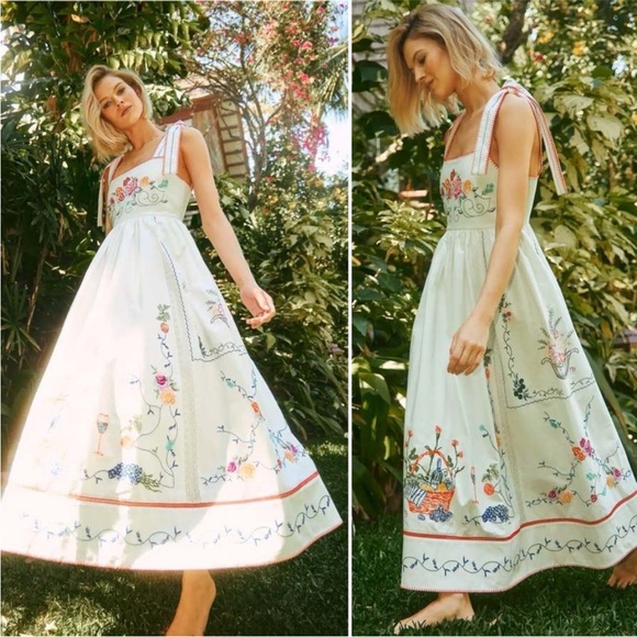 Hunter Bell Midi Dress Stefy Embroidered White Cotton Floral NWT 6 - Picture 2 of 14